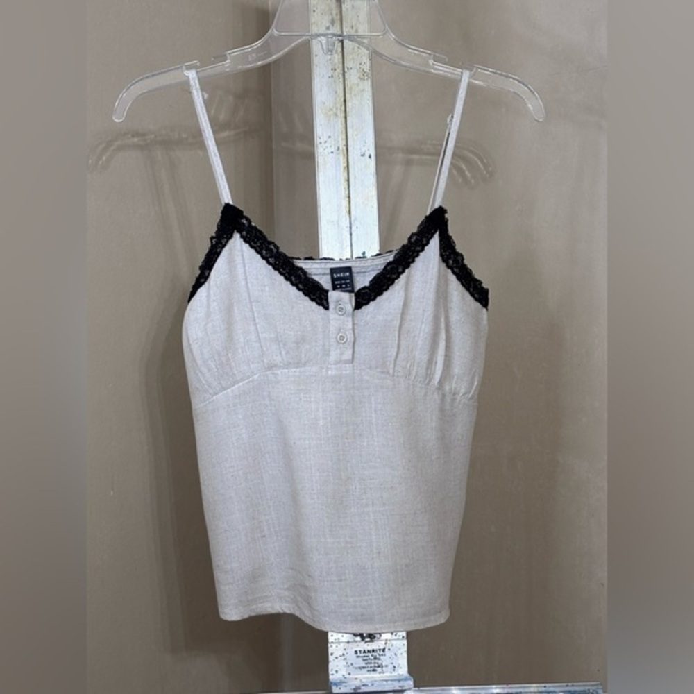 SHEIN Women's Beige Linen Blend w/ Black Lace Trim Top Sz Medium